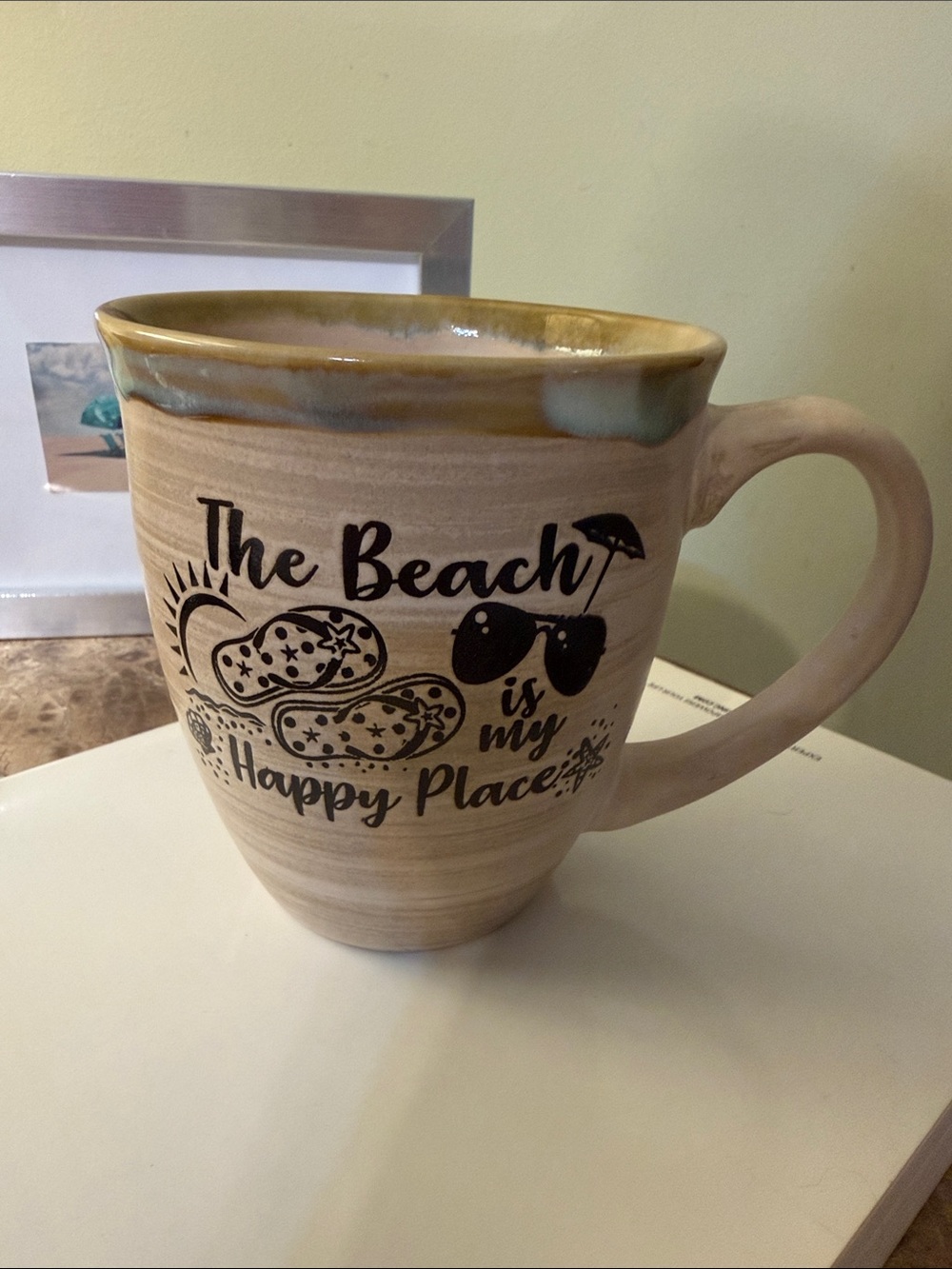 Tan Ceramic Beach Mug with Gold Accent - The Beach Is My Happy Place